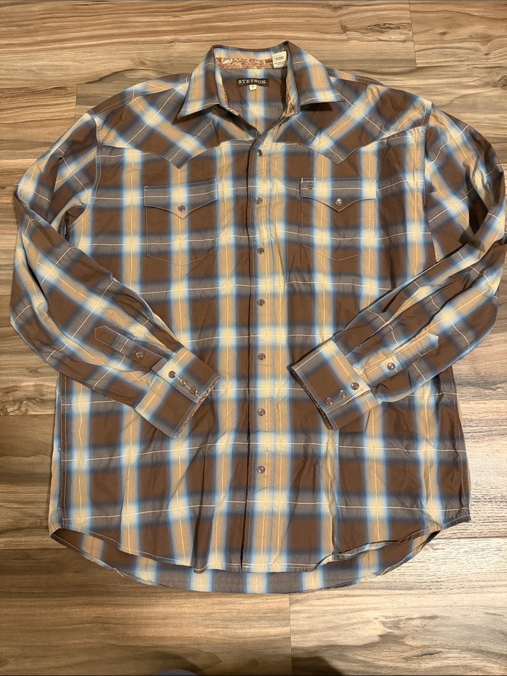 Stetson Mens XL Pearl Snap Western Shirt Brown Blue Plaid Cotton Long Sleeve